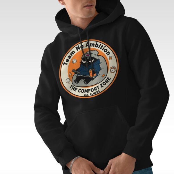 team-no-ambition-sloth-hoodie-black Black Scowl "Team No Ambition" hoodie in black, featuring the lazy cat logo in The Comfort Zone.