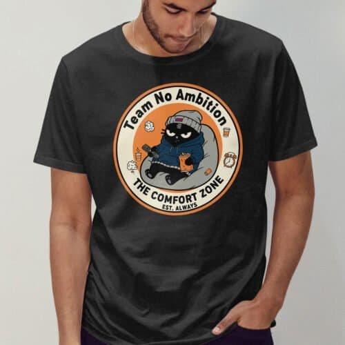 team-no-ambition-tshirt-dark-model-front Black Scowl cat graphic t-shirt on a male model, featuring the slogan "Team No Ambition" in a dark color.