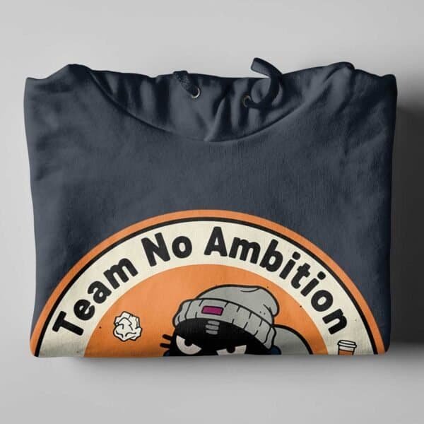 team-no-ambition-white-hoodie-back-mockup Back view mockup of the white "Team No Ambition" hoodie. Focus on print quality and cozy fabric texture.