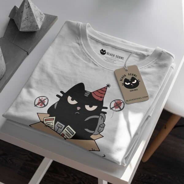 the-only-gift-is-go-home-tshirt-white-mockup-tag Detailed mockup of the White t-shirt, folded, focusing on the anti-social design and the Black Scowl tag.