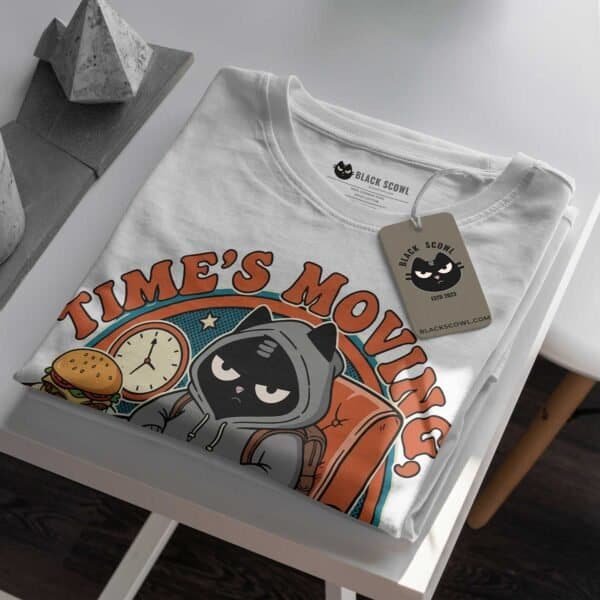 times-moving-black-scowl-folded-tshirt-tag Sloth Humor Cat T-Shirt: "Time's Moving. I'm Not." by Black Scowl