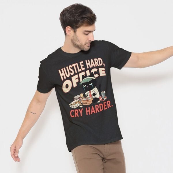 tshirt-hustle-cry-cat-black-heather-swatch Unisex "Hustle Hard, Office Cry Harder" T-Shirt in Black Heather color
