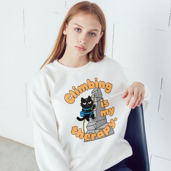 woman-climbing-therapy-sweatshirt-bouldering Sarcastic Rock Climbing Sweatshirt | "Climbing is my Therapy" Crewneck | Black Scowl