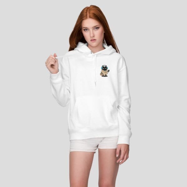 woman-fine-universe-isnt-hoodie-travel Female model in the grumpy cat existential dread hoodie. Anxiety humor apparel.