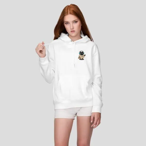 woman-fine-universe-isnt-hoodie-travel Female model in the grumpy cat existential dread hoodie. Anxiety humor apparel.