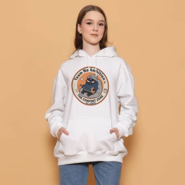 woman-in-team-no-ambition-black-hoodie Team No Ambition Slacker Hoodie | Black Scowl Anti-Motivation Apparel