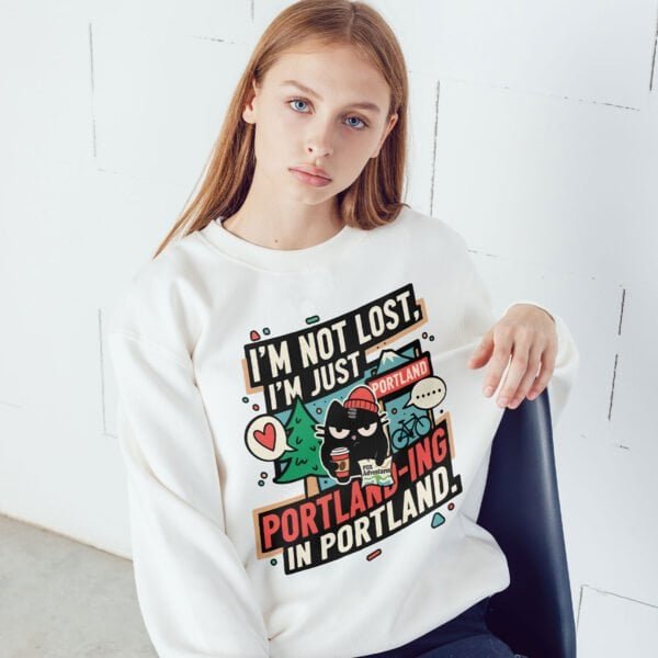 woman-portland-ing-sweatshirt-coffee Sarcastic Portland Cat Sweatshirt | "I'm Just Portlanding" Crewneck | Black Scowl