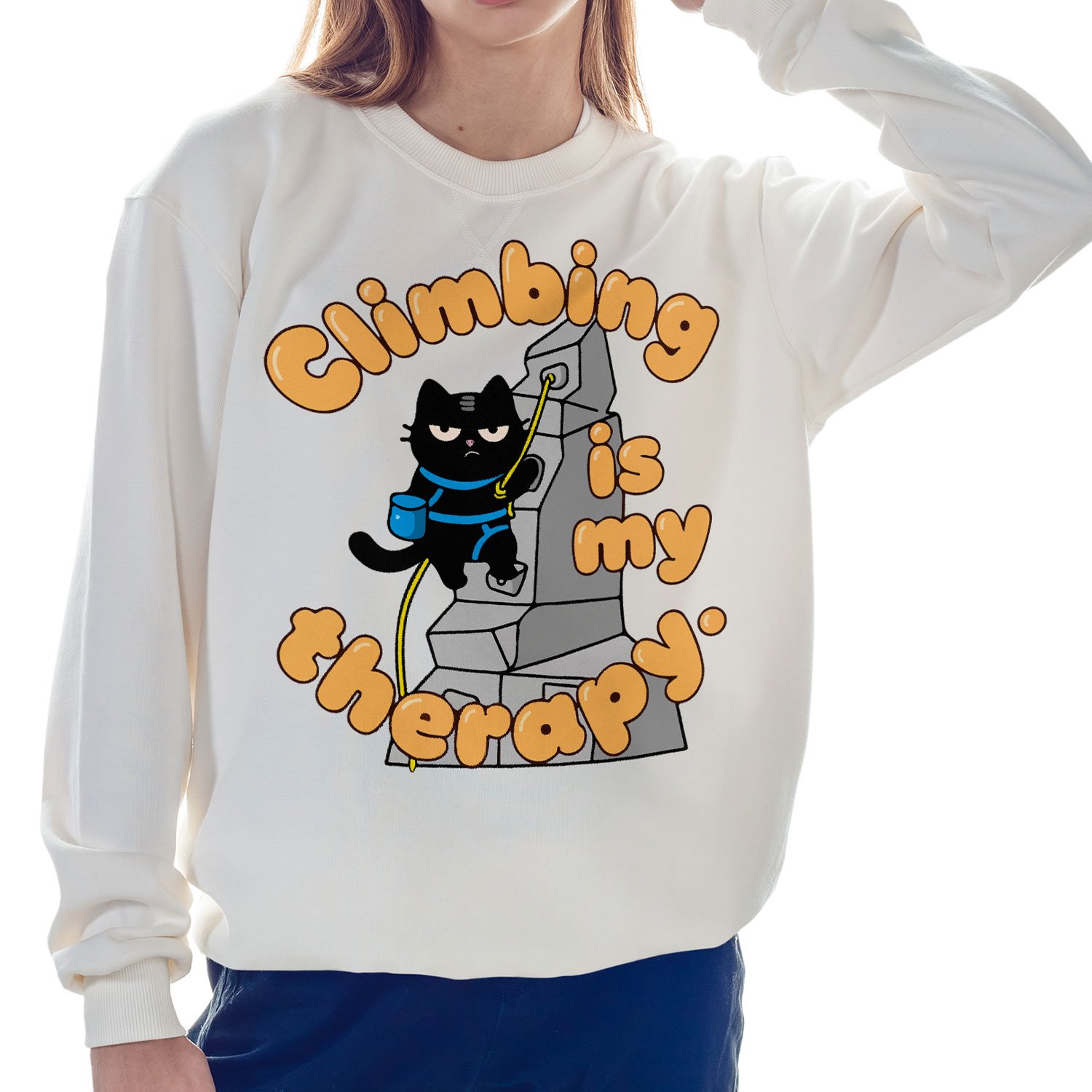 blackscowl woman wearing climbing is my therapy funny sweatshirt