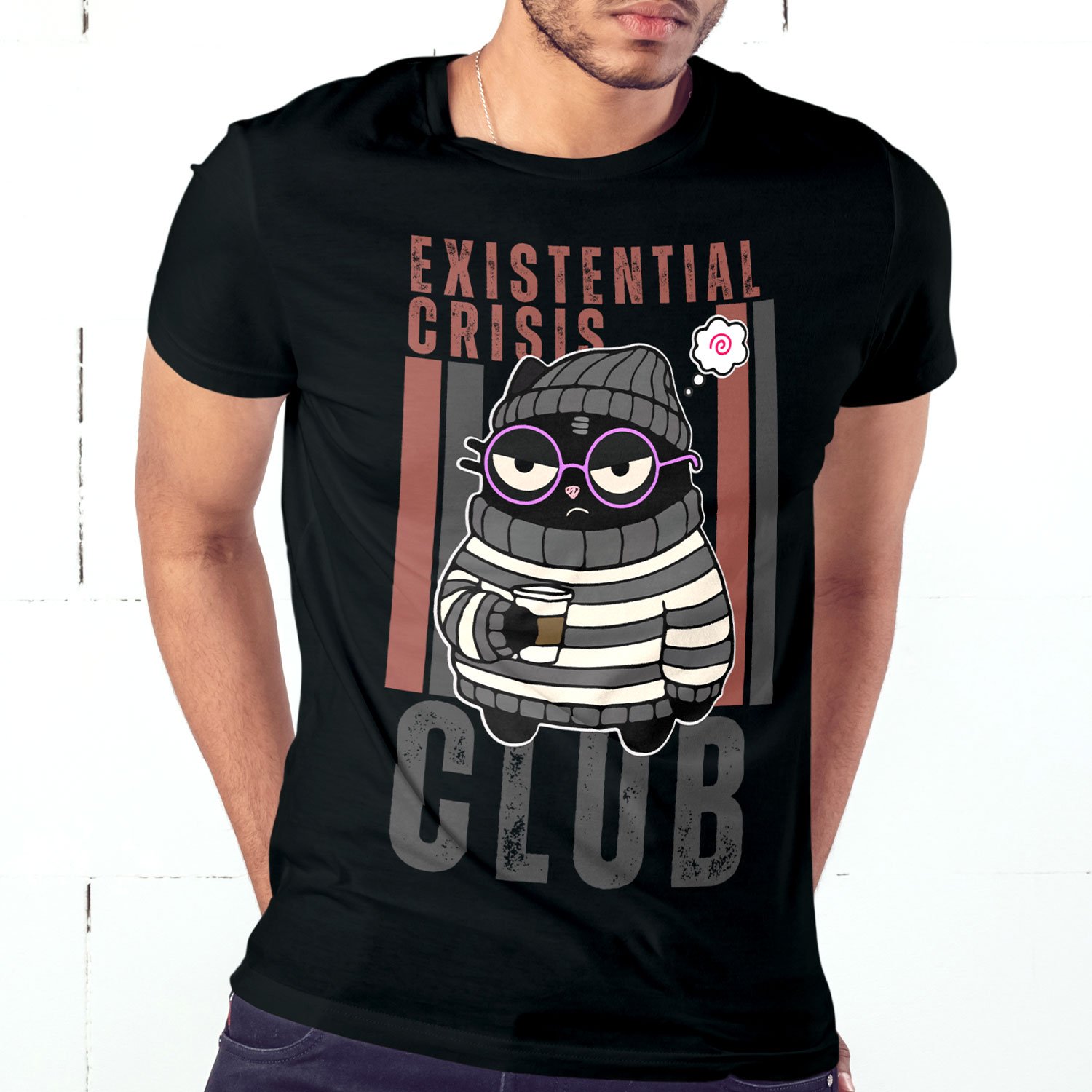 blackscowl man wearing existential crisis club funny t-shirt