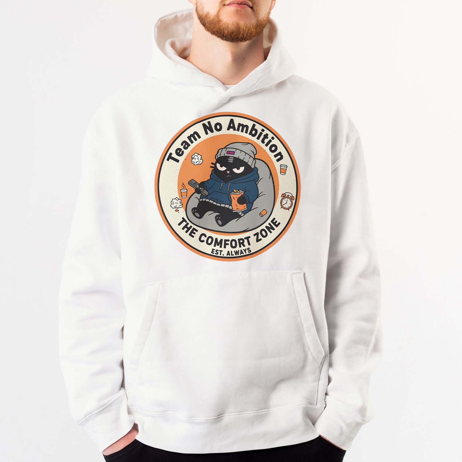 blackscowl man wearing team no ambition the comfort zone funny hoodie