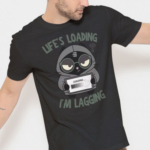 Black Heather Canvas 3001 t-shirt with the "Life's Loading" WFH humor design.