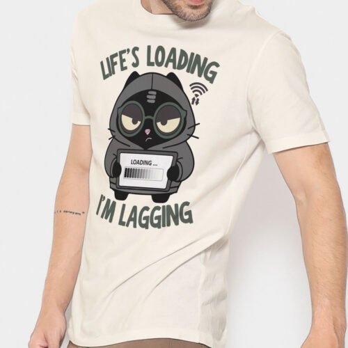 Male model wearing the Black Scowl sarcastic "Life's Loading. I'm Lagging" t-shirt in Vintage White.