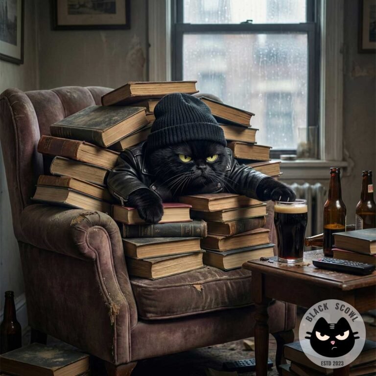 Black Scowl cat wearing a beanie and leather jacket buried under a massive pile of books holding a dark beer in a messy apartment, representing existential burnout.
