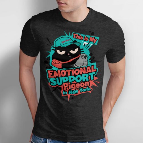 Front view of Black Scowl New York t-shirt. Grumpy cat with a teal cap and a pigeon with glasses. Text: This is My Emotional Support Pigeon.