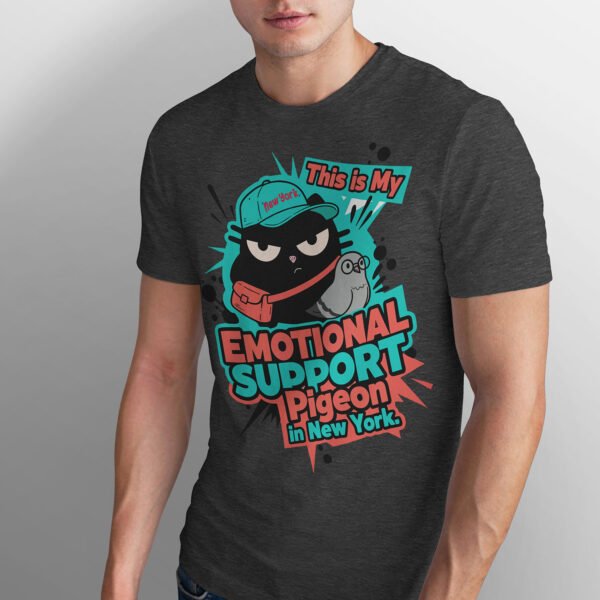 Black Scowl Emotional Support Pigeon t-shirt in Black Heather. Dark grey tee with funny NYC graphic.
