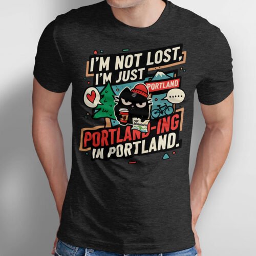 Front view of Black Scowl Portland t-shirt. Grumpy cat wearing a beanie, holding coffee and a PDX map. Funny travel souvenir tee.