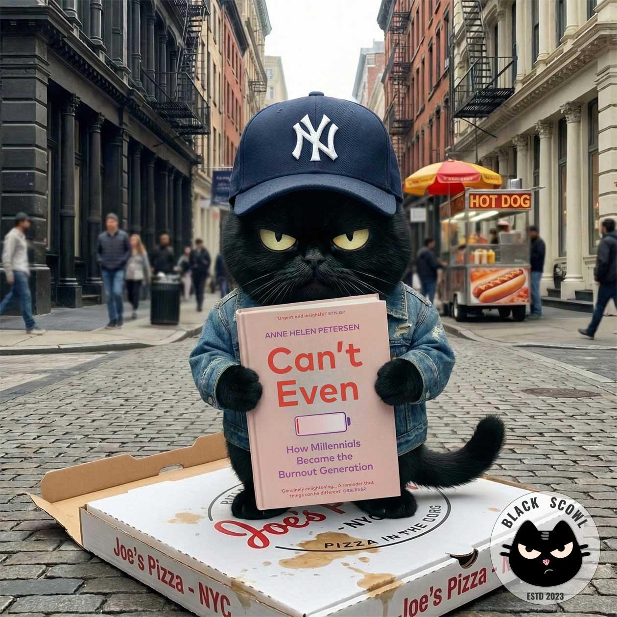 Black Scowl cat wearing a Yankees cap and denim jacket sitting on a pizza box in New York City, holding the book "Can't Even: How Millennials Became the Burnout Generation."