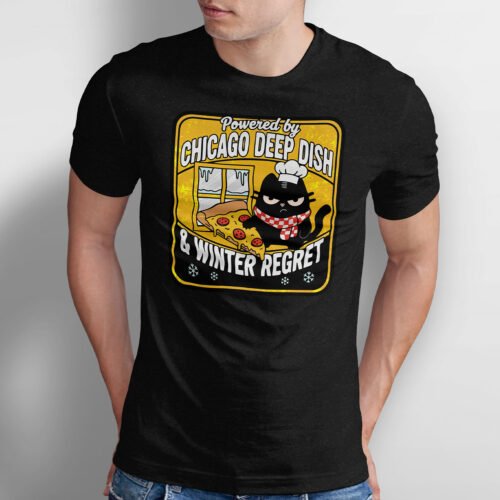 Black Scowl t-shirt featuring a cat chef eating deep dish pizza with the text Powered by Chicago Deep Dish and Winter Regret.
