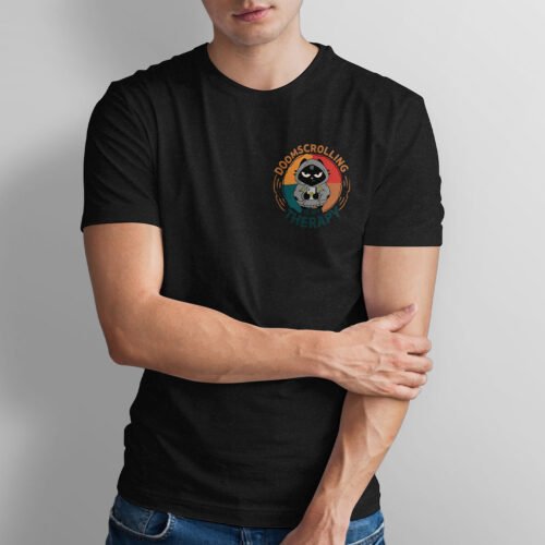 Front view of the Doomscrolling Is My Therapy t-shirt featuring a grumpy cat in a hoodie looking at a phone.