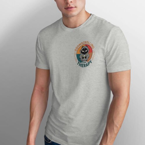 Close-up of the Black Scowl design showing a sad cat doomscrolling on a smartphone with a retro sunset background.