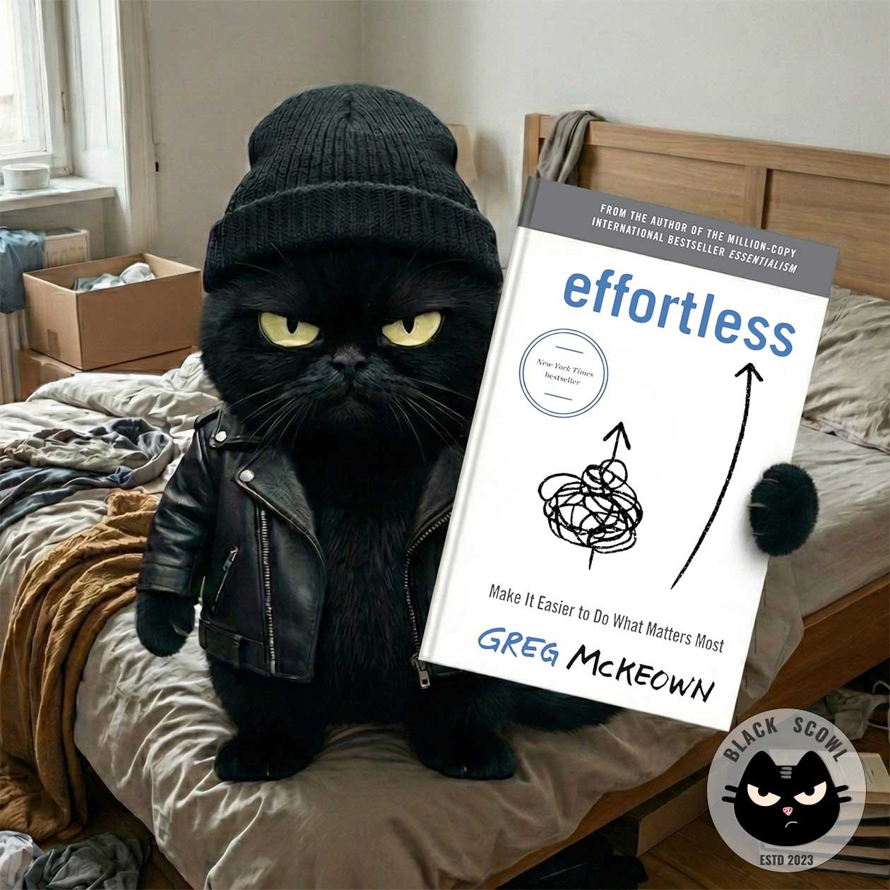 Black Scowl cat sitting on a messy bed wearing a beanie, holding the book "Effortless" by Greg McKeown, looking tired of trying.