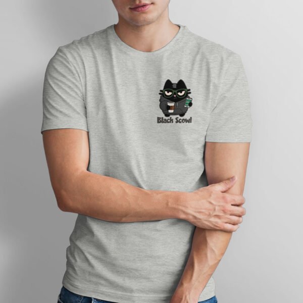 Close-up of the Black Scowl design showing a cat with glasses and the text Just A San Francisco Tech Bro With A Foggy Soul.