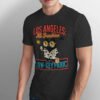 Los Angeles All Sunshine Low-Key Panic t-shirt in Black Heather, featuring a sarcastic summer cat design.