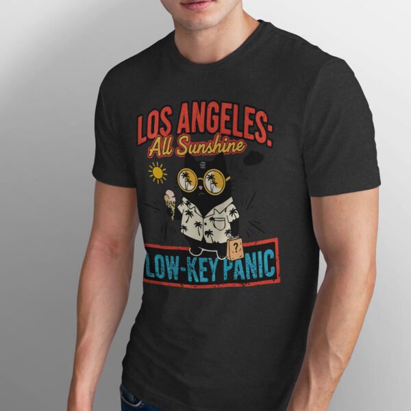 Los Angeles All Sunshine Low-Key Panic t-shirt in Black Heather, featuring a sarcastic summer cat design.