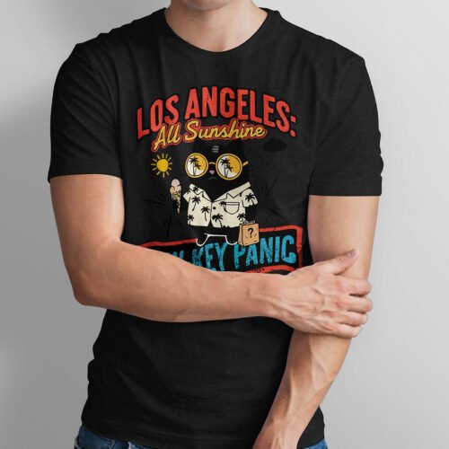 Black Scowl t-shirt featuring a cat in a Hawaiian shirt with the text "Los Angeles All Sunshine Low-Key Panic".