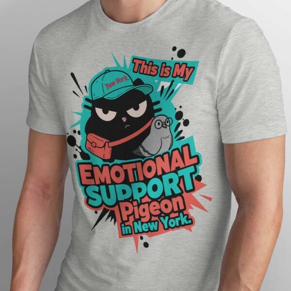 Detail zoom of the "New York" teal cap worn by the Black Scowl cat. Funny graphic tee for NYC tourists and locals.