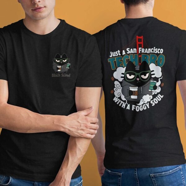 Model wearing a Black Scowl t-shirt with a sarcastic San Francisco tech scene and Golden Gate Bridge background.