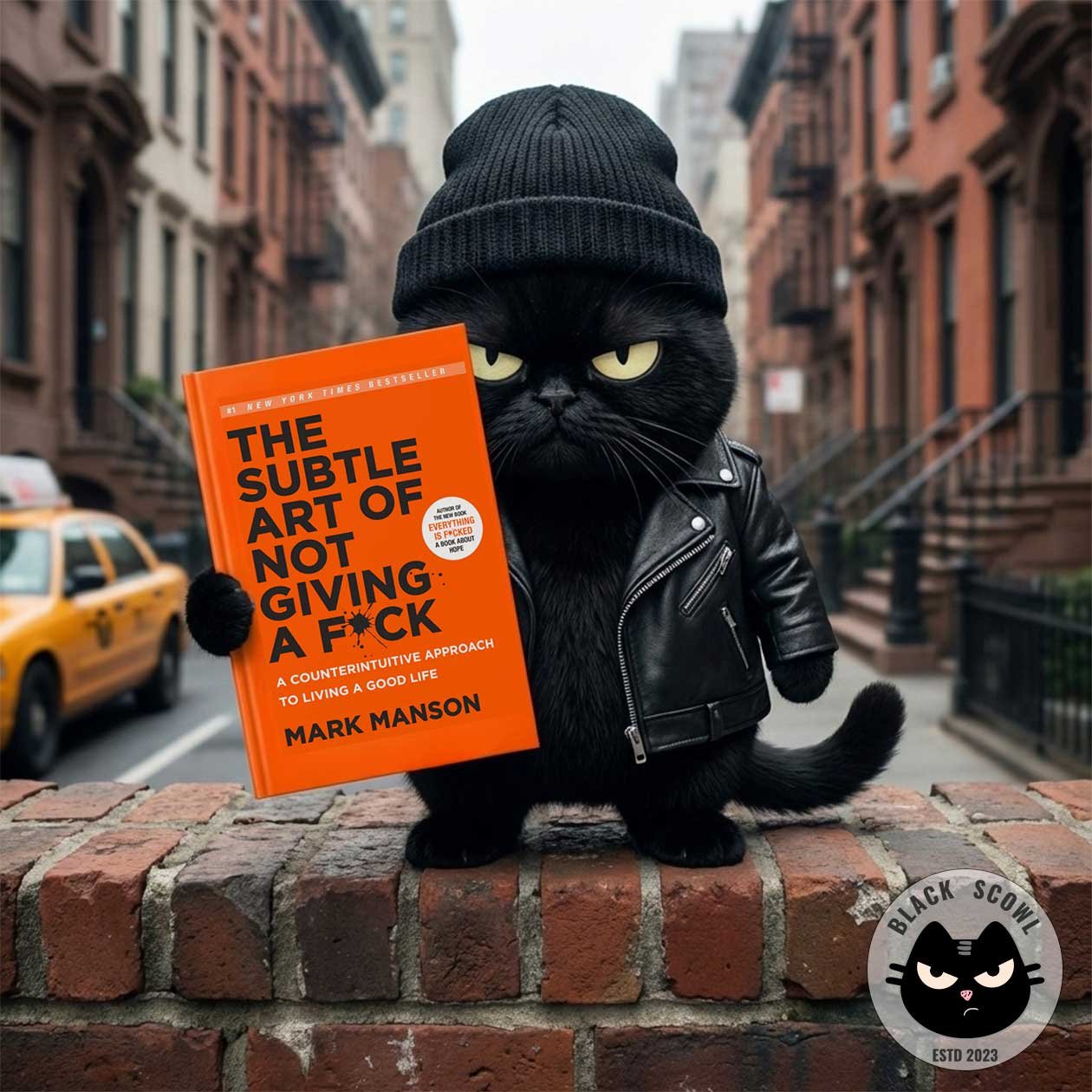 Grumpy Black Scowl cat in a leather jacket holding "The Subtle Art of Not Giving a F*ck" by Mark Manson on a city street, looking unbothered.