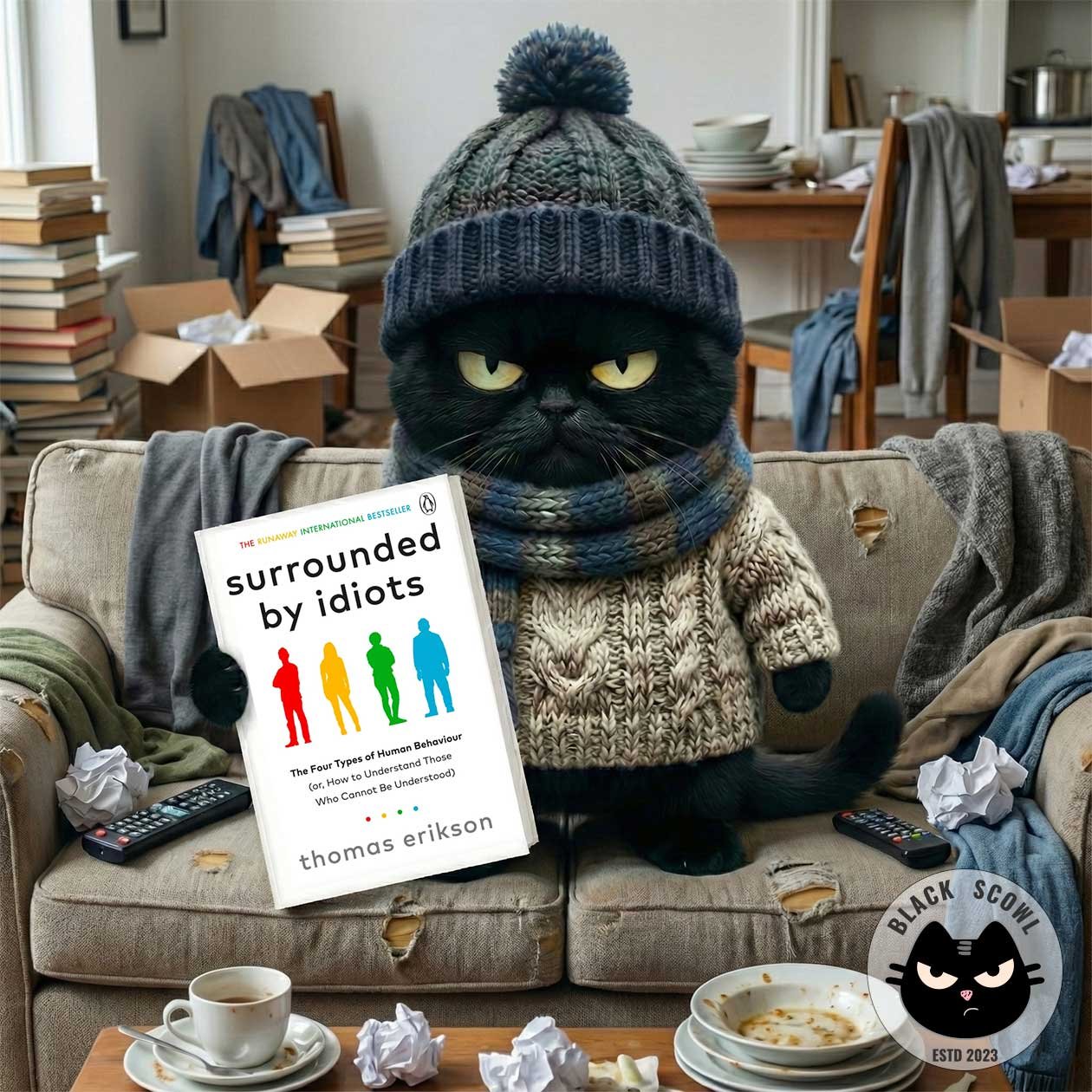 Black Scowl cat wrapped in a winter scarf sitting on a worn-out couch holding the book "Surrounded by Idiots" by Thomas Erikson, with a look of annoyance.