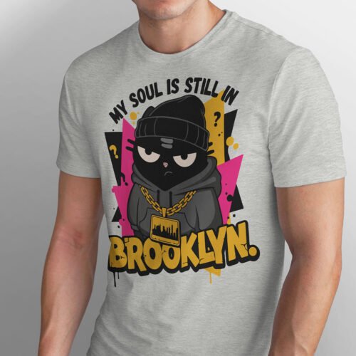 Trendy oversized "My Soul Is Still In Brooklyn" t-shirt worn by a young adult, urban hip hop fashion style.