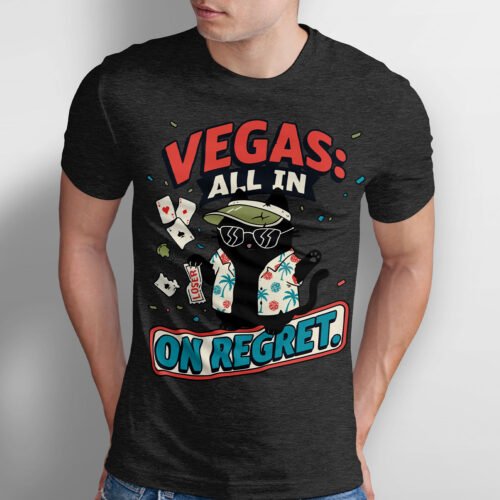 Black Scowl cat wearing a green visor and sunglasses holding a loser betting ticket, graphic tee design "Vegas All In On Regret" on a model.