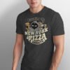Running On New York Pizza and Anxiety t-shirt in Black Heather color, grumpy cat holding snacks graphic.