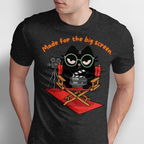 Black Scowl grumpy director cat t-shirt on vintage white Bella Canvas 3001, funny cinema lover graphic tee with clapperboard and green glasses.
