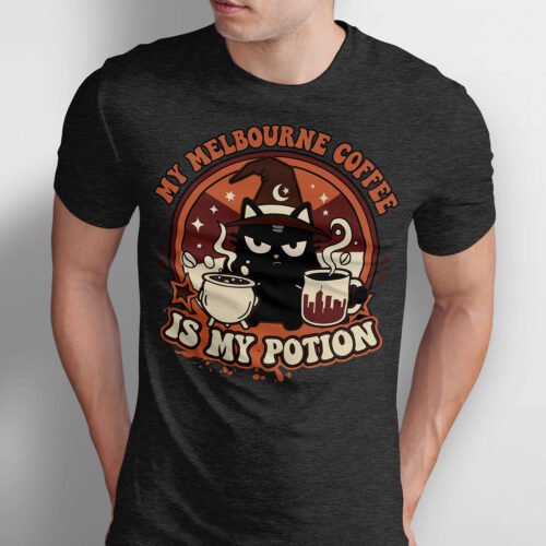 black-scowl-melbourne-coffee-witch-cat-tshirt-front Black Scowl graphic t-shirt featuring a grumpy witch cat holding a coffee mug with Melbourne skyline. Text reads My Melbourne Coffee Is My Potion.
