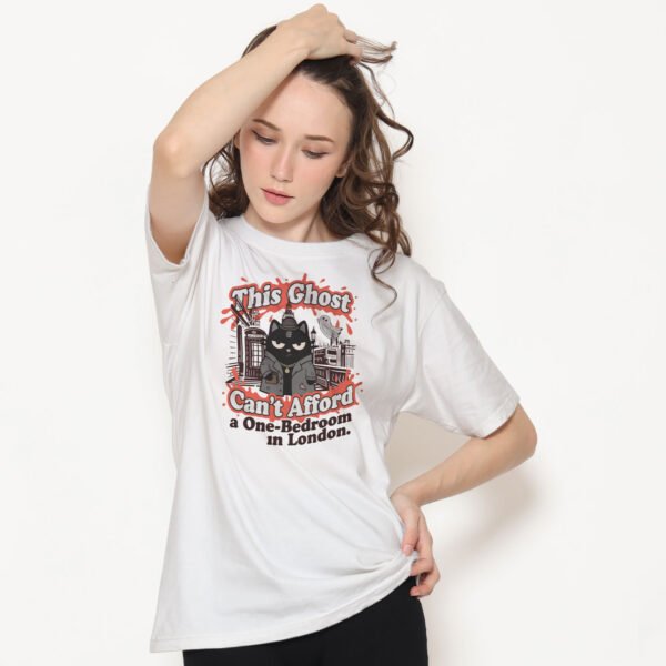 Model wearing the sarcastic London rent crisis t-shirt in an urban street setting.