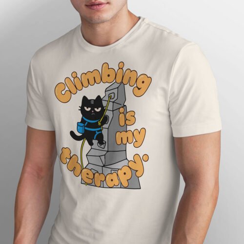 climbing-is-my-therapy-cat-tshirt-front Black Scowl graphic t-shirt featuring a black cat rock climbing on a grey wall. Text reads Climbing Is My Therapy in retro orange letters.