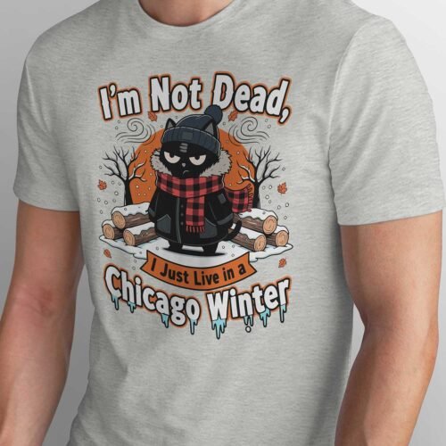 Close-up detail of the grumpy cat wearing a beanie and plaid scarf standing in the snow. High quality print texture on cotton.