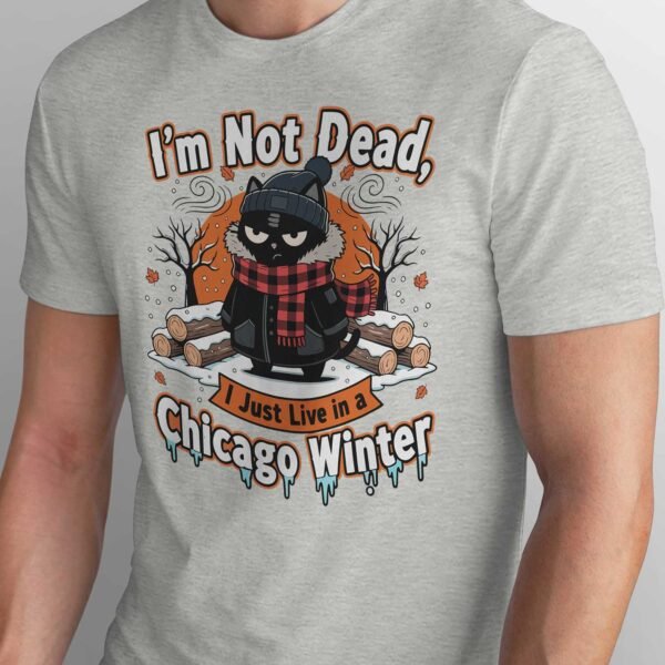 Close-up detail of the grumpy cat wearing a beanie and plaid scarf standing in the snow. High quality print texture on cotton.