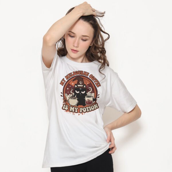 "My Melbourne Coffee Is My Potion" T-Shirt | Sarcastic Witch Cat & Retro Caffeine Magic