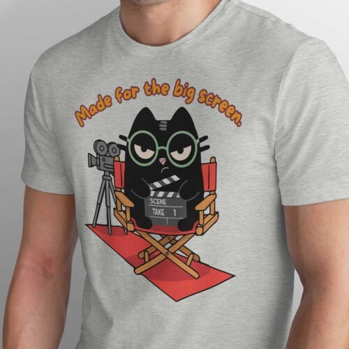 Close up of black cat wearing green glasses holding a movie clapperboard, high quality DTG print detail for filmmaker and cinema clothing.