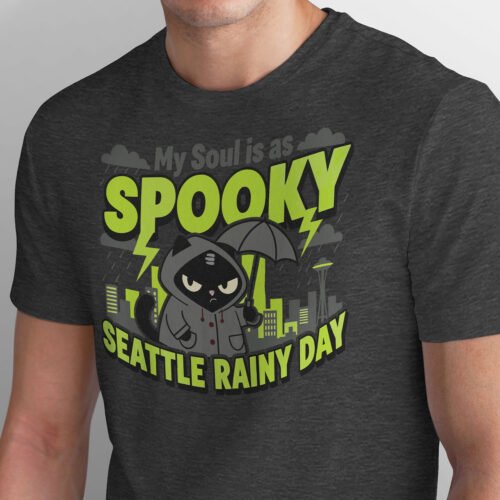 Close-up detail of the spooky cat artwork showing neon green lettering and rain drops on a grey background.