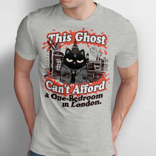 Black Scowl graphic tee featuring a broke ghost cat in London with text This Ghost Can't Afford a One-Bedroom in London.