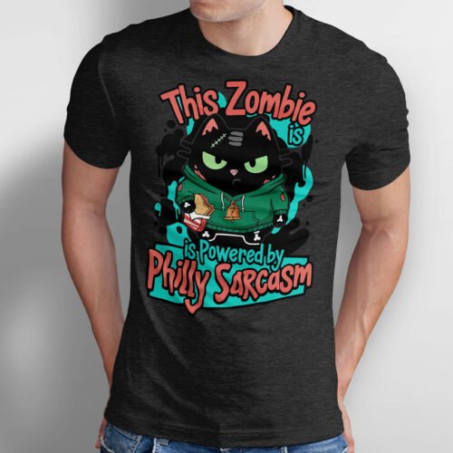 Black Scowl graphic tee featuring a zombie cat eating a cheesesteak with "Powered by Philly Sarcasm" text.