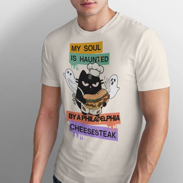 Vintage White t-shirt giving a classic look to the modern chef cat and ghost artwork.