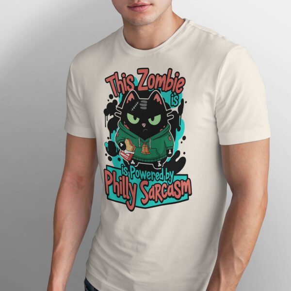 Powered by Philly Sarcasm Zombie Cat T-Shirt – Philadelphia Cheesesteak & Liberty Bell Graphic