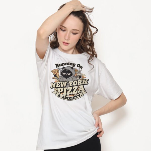 Running On New York Pizza & Anxiety T-Shirt | Funny Cat Graphic Tee | Sarcastic Mental Health & Coffee Streetwear